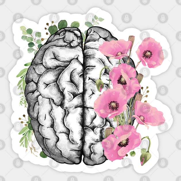 Brain with Pink poppy, psychology, mental health, front brain, watercolor Sticker by Collagedream